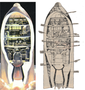 Testbemanning gekleurde raket en zwart/wit naast elkaar